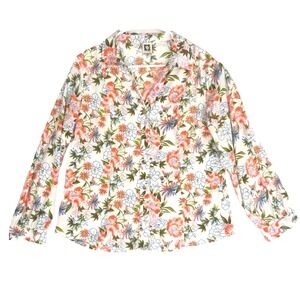 Ann Klein Resortwear Colorful Floral Long Sleeve Button Top Women L White Orange